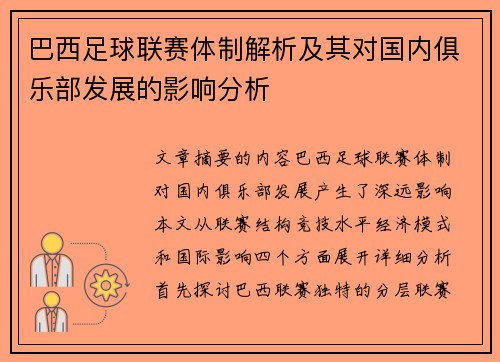 巴西足球联赛体制解析及其对国内俱乐部发展的影响分析