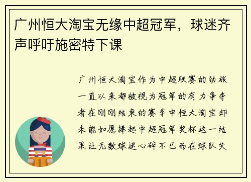 广州恒大淘宝无缘中超冠军，球迷齐声呼吁施密特下课